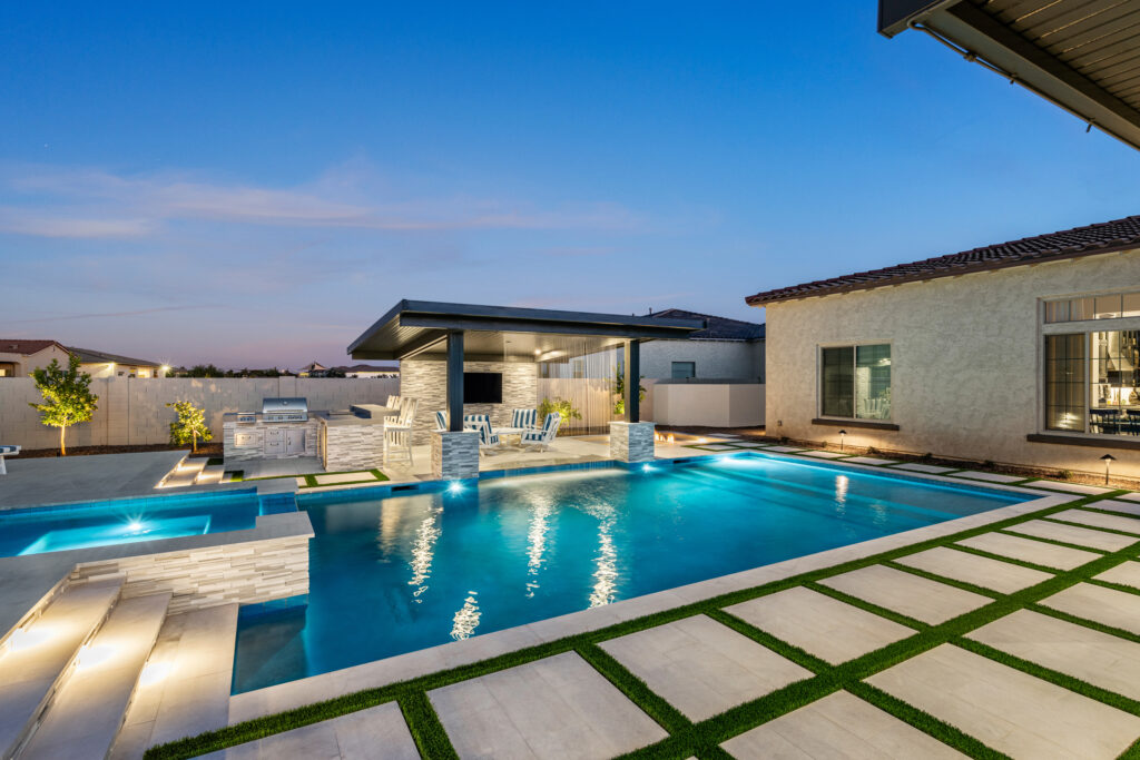 Residential swimming pool at dusk