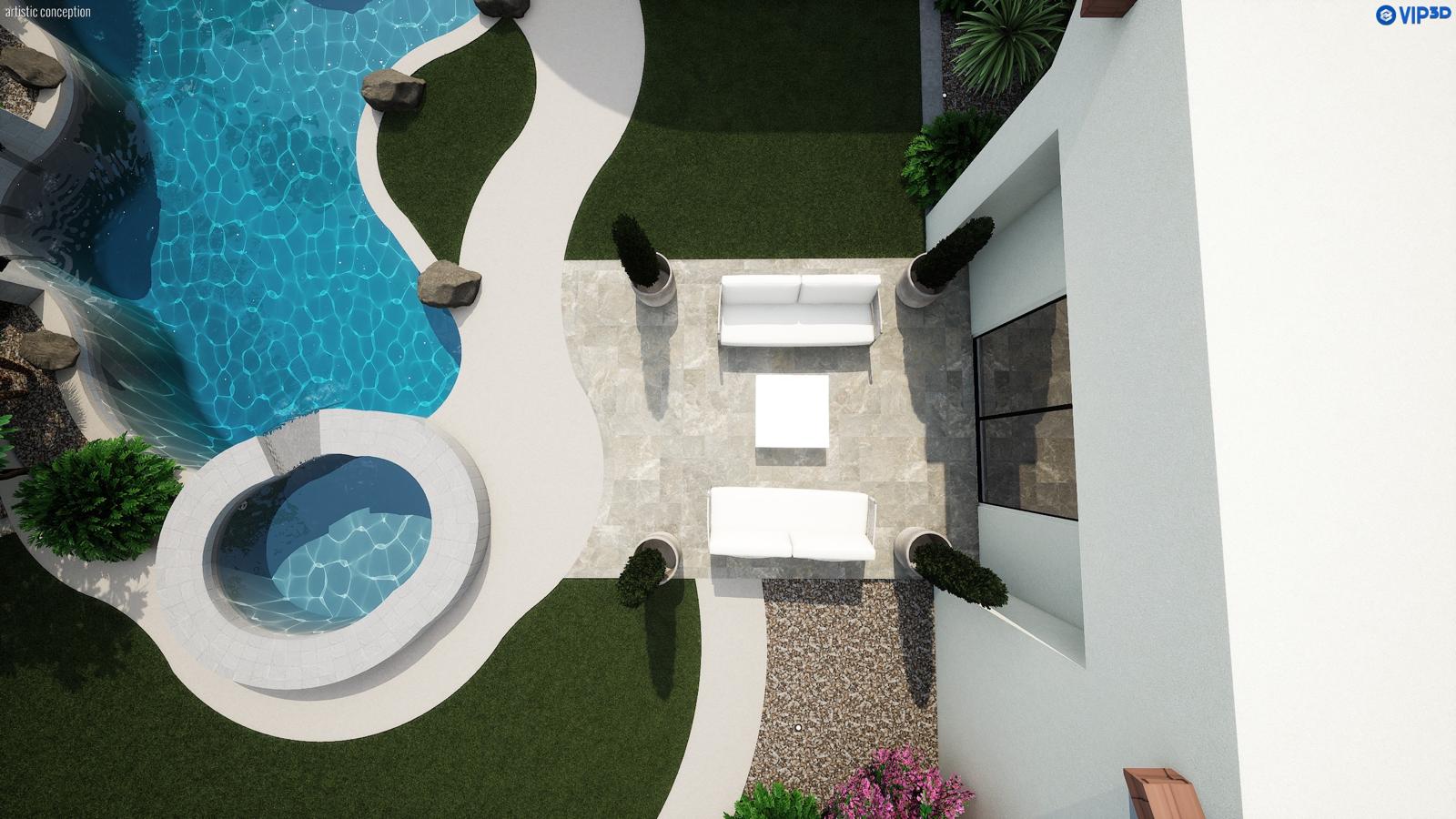 Overhead view of a finished residential pool project